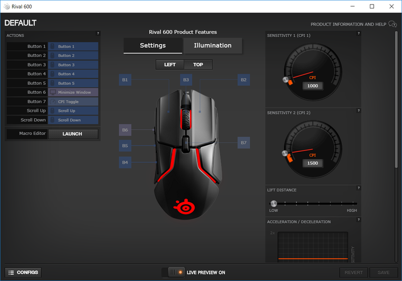 Here most of the options available in the Rival 600's settings app.